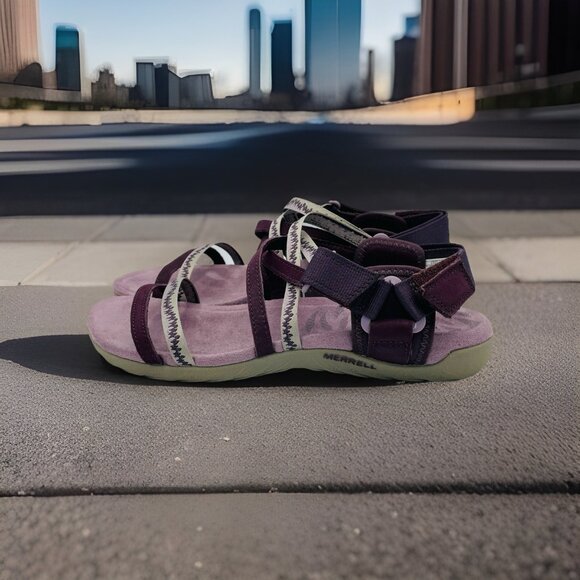 Merrell Shoes Womens Size 8 Burgundy Leather Sandals Strappy Footbed Comfort - Picture 2 of 11